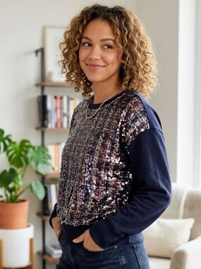 DKNY Dark Navy Sequin Front Crewneck Sweater, Small